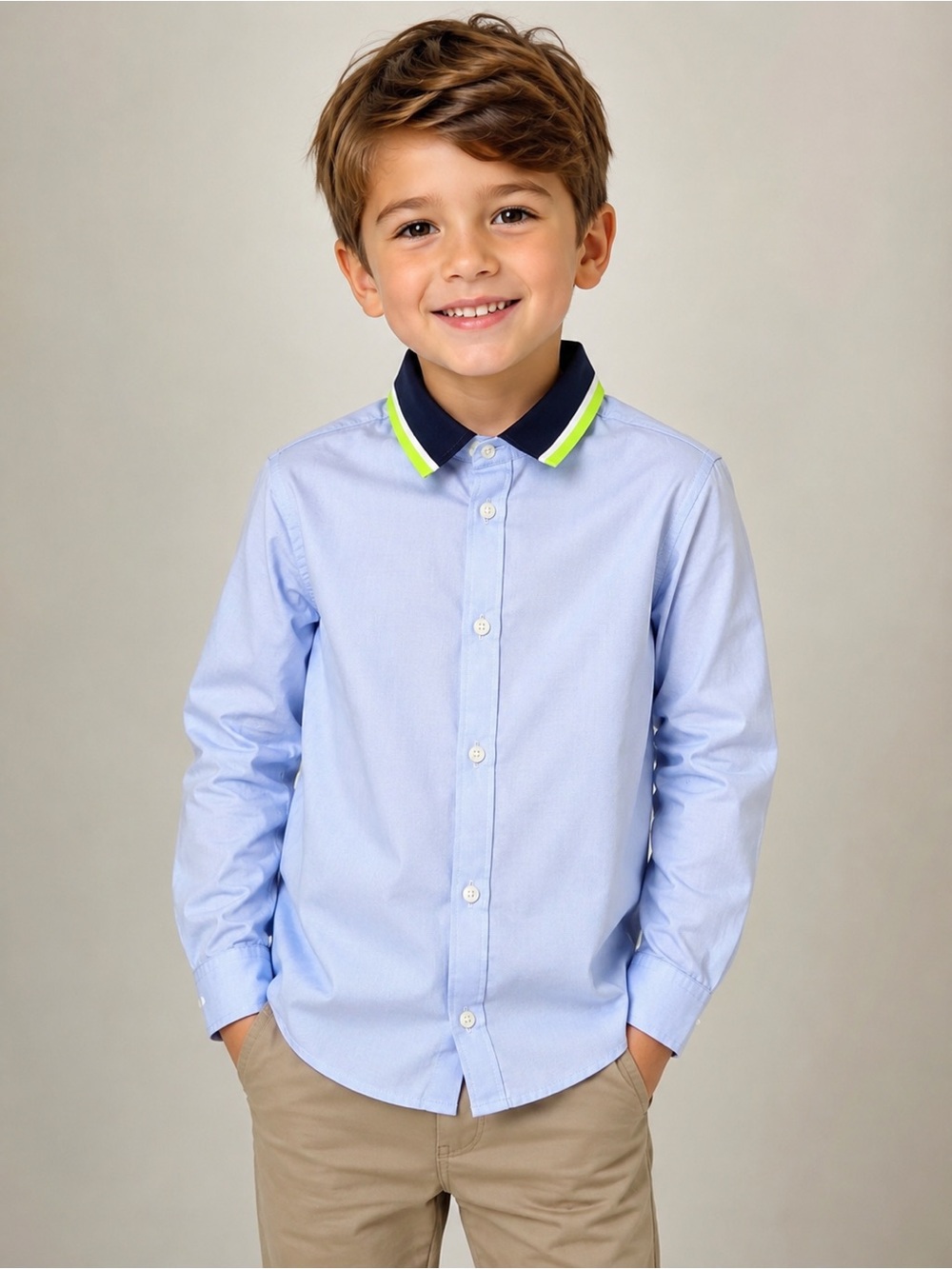 Jacadi Light Blue Button-Down with Navy and Lime Trim Collar